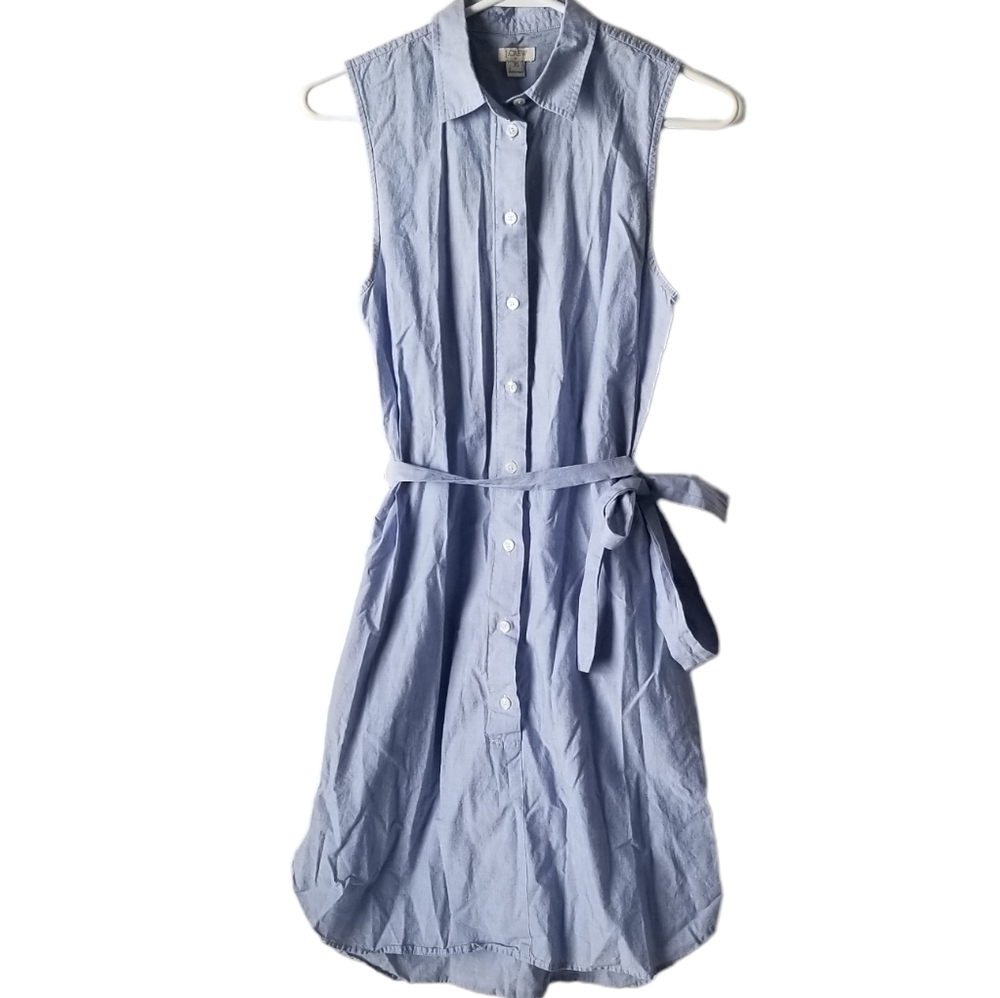 J Crew Blue Button Down Sleeveless Collared Shirt Dress with Tie Waist Size XS